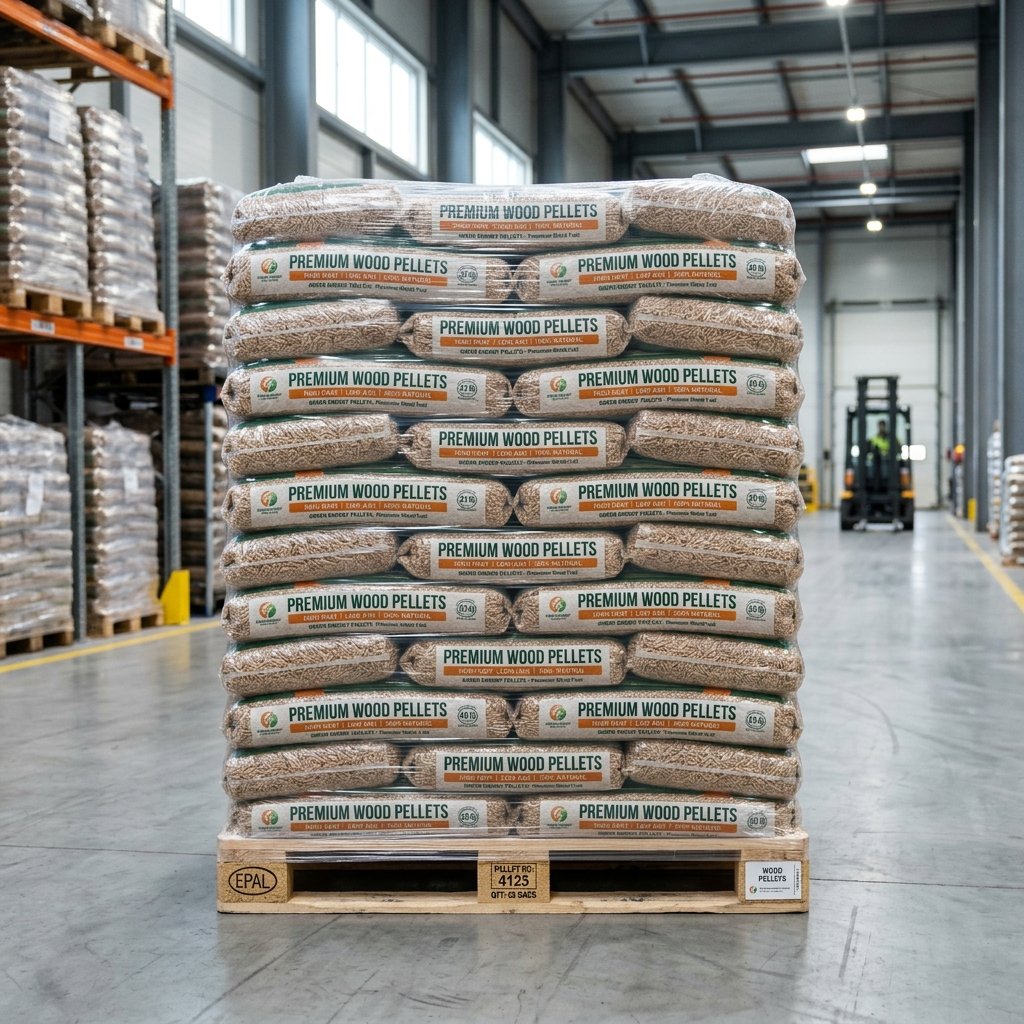 Granulés de bois EO2 10 kg – Demi-palette (52 sacs - 520 kg) – Granulés de bois EO2 10 kg – Demi-palette (52 sacs - 520 kg)